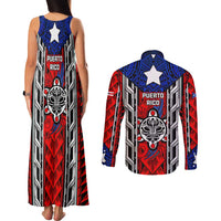 Puerto Rico Couples Matching Tank Maxi Dress and Long Sleeve Button Shirt with Tribal Patterns, Flag Emblem, and Taino Symbol Design