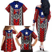Puerto Rico Family Matching Off The Shoulder Long Sleeve Dress and Hawaiian Shirt with Tribal Patterns, Flag Emblem, and Taino Symbol Design