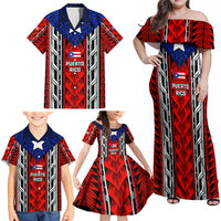 Puerto Rico Family Matching Off Shoulder Maxi Dress and Hawaiian Shirt with Tribal Patterns, Flag Emblem, and Taino Symbol Design