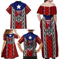 Puerto Rico Family Matching Off Shoulder Maxi Dress and Hawaiian Shirt with Tribal Patterns, Flag Emblem, and Taino Symbol Design