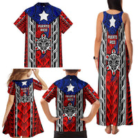 Puerto Rico Family Matching Tank Maxi Dress and Hawaiian Shirt with Tribal Patterns, Flag Emblem, and Taino Symbol Design