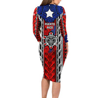 Puerto Rico Long Sleeve Bodycon Dress with Tribal Patterns, Flag Emblem, and Taino Symbol Design