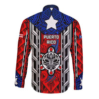 Puerto Rico Long Sleeve Button Shirt with Tribal Patterns, Flag Emblem, and Taino Symbol Design