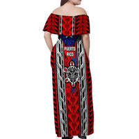 Puerto Rico Off Shoulder Maxi Dress with Tribal Patterns, Flag Emblem, and Taino Symbol Design