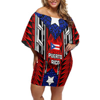 Puerto Rico Off Shoulder Short Dress with Tribal Patterns, Flag Emblem, and Taino Symbol Design