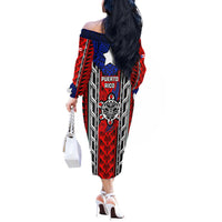 Puerto Rico Off The Shoulder Long Sleeve Dress with Tribal Patterns, Flag Emblem, and Taino Symbol Design