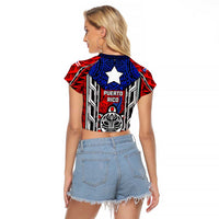 Puerto Rico Raglan Cropped T Shirt with Tribal Patterns, Flag Emblem, and Taino Symbol Design