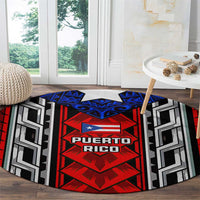 Puerto Rico Round Carpet with Tribal Patterns, Flag Emblem, and Taino Symbol Design