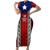 Puerto Rico Short Sleeve Bodycon Dress with Tribal Patterns, Flag Emblem, and Taino Symbol Design