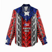 Puerto Rico Women Casual Shirt with Tribal Patterns, Flag Emblem, and Taino Symbol Design