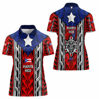 Puerto Rico Women Polo Shirt with Tribal Patterns, Flag Emblem, and Taino Symbol Design