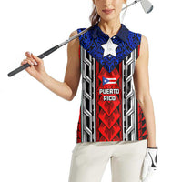 Puerto Rico Women Sleeveless Polo Shirt with Tribal Patterns, Flag Emblem, and Taino Symbol Design