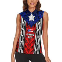 Puerto Rico Women Sleeveless Polo Shirt with Tribal Patterns, Flag Emblem, and Taino Symbol Design