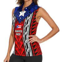 Puerto Rico Women Sleeveless Polo Shirt with Tribal Patterns, Flag Emblem, and Taino Symbol Design