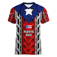 Puerto Rico Women V-Neck T-Shirt with Tribal Patterns, Flag Emblem, and Taino Symbol Design