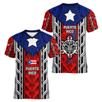 Puerto Rico Women V-Neck T-Shirt with Tribal Patterns, Flag Emblem, and Taino Symbol Design