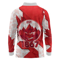 Canada Day Patriotic Maple Leaf Long Sleeve Polo Shirt Geometric Rocky Mountain Art Heritage 1867 Graphic