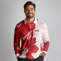 Canada Day Patriotic Maple Leaf Long Sleeve Polo Shirt Geometric Rocky Mountain Art Heritage 1867 Graphic