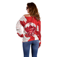 Canada Day Patriotic Maple Leaf Off Shoulder Sweater Geometric Rocky Mountain Art Heritage 1867 Graphic