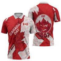 Canada Day Patriotic Maple Leaf Zipper Polo Shirt Geometric Rocky Mountain Art Heritage 1867 Graphic