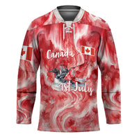 Canada Day Loon And Maple Leaf Hockey Jersey Watercolor Nature Scenery Mari Usque Ad Mare Artistic