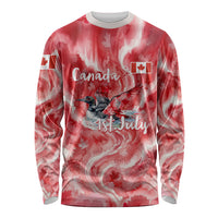 Canada Day Loon And Maple Leaf Long Sleeve Shirt Watercolor Nature Scenery Mari Usque Ad Mare Artistic