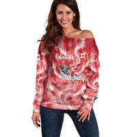 Canada Day Loon And Maple Leaf Off Shoulder Sweater Watercolor Nature Scenery Mari Usque Ad Mare Artistic
