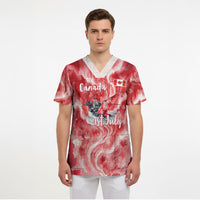 Canada Day Loon And Maple Leaf Scrub Top Watercolor Nature Scenery Mari Usque Ad Mare Artistic