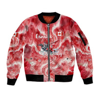 Canada Day Loon And Maple Leaf Sleeve Zip Bomber Jacket Watercolor Nature Scenery Mari Usque Ad Mare Artistic