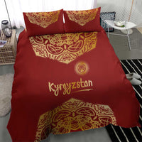 Kyrgyzstan National Symbol Bedding Set Traditional Golden Pattern in Red and Gold