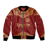 Kyrgyzstan National Symbol Bomber Jacket Traditional Golden Pattern in Red and Gold