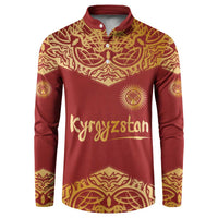 Kyrgyzstan National Symbol Button Sweatshirt Traditional Golden Pattern in Red and Gold