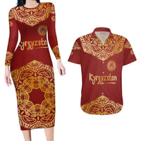 Kyrgyzstan National Symbol Couples Matching Long Sleeve Bodycon Dress and Hawaiian Shirt Traditional Golden Pattern in Red and Gold