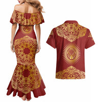 Kyrgyzstan National Symbol Couples Matching Mermaid Dress and Hawaiian Shirt Traditional Golden Pattern in Red and Gold