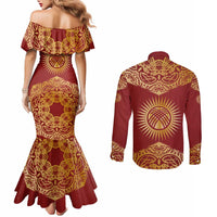 Kyrgyzstan National Symbol Couples Matching Mermaid Dress and Long Sleeve Button Shirt Traditional Golden Pattern in Red and Gold