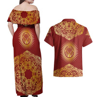 Kyrgyzstan National Symbol Couples Matching Off Shoulder Maxi Dress and Hawaiian Shirt Traditional Golden Pattern in Red and Gold