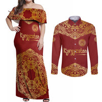 Kyrgyzstan National Symbol Couples Matching Off Shoulder Maxi Dress and Long Sleeve Button Shirt Traditional Golden Pattern in Red and Gold