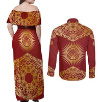 Kyrgyzstan National Symbol Couples Matching Off Shoulder Maxi Dress and Long Sleeve Button Shirt Traditional Golden Pattern in Red and Gold