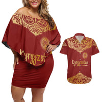 Kyrgyzstan National Symbol Couples Matching Off Shoulder Short Dress and Hawaiian Shirt Traditional Golden Pattern in Red and Gold