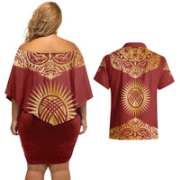 Kyrgyzstan National Symbol Couples Matching Off Shoulder Short Dress and Hawaiian Shirt Traditional Golden Pattern in Red and Gold