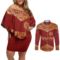 Kyrgyzstan National Symbol Couples Matching Off Shoulder Short Dress and Long Sleeve Button Shirt Traditional Golden Pattern in Red and Gold