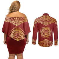 Kyrgyzstan National Symbol Couples Matching Off Shoulder Short Dress and Long Sleeve Button Shirt Traditional Golden Pattern in Red and Gold