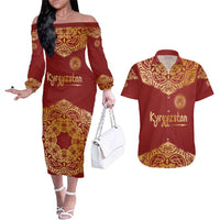 Kyrgyzstan National Symbol Couples Matching Off The Shoulder Long Sleeve Dress and Hawaiian Shirt Traditional Golden Pattern in Red and Gold