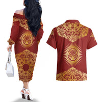 Kyrgyzstan National Symbol Couples Matching Off The Shoulder Long Sleeve Dress and Hawaiian Shirt Traditional Golden Pattern in Red and Gold