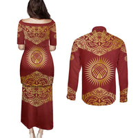 Kyrgyzstan National Symbol Couples Matching Puletasi and Long Sleeve Button Shirt Traditional Golden Pattern in Red and Gold