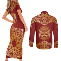 Kyrgyzstan National Symbol Couples Matching Short Sleeve Bodycon Dress and Long Sleeve Button Shirt Traditional Golden Pattern in Red and Gold