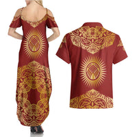 Kyrgyzstan National Symbol Couples Matching Summer Maxi Dress and Hawaiian Shirt Traditional Golden Pattern in Red and Gold