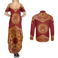 Kyrgyzstan National Symbol Couples Matching Summer Maxi Dress and Long Sleeve Button Shirt Traditional Golden Pattern in Red and Gold