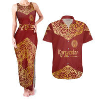 Kyrgyzstan National Symbol Couples Matching Tank Maxi Dress and Hawaiian Shirt Traditional Golden Pattern in Red and Gold