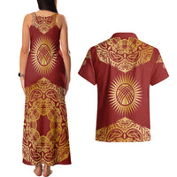 Kyrgyzstan National Symbol Couples Matching Tank Maxi Dress and Hawaiian Shirt Traditional Golden Pattern in Red and Gold